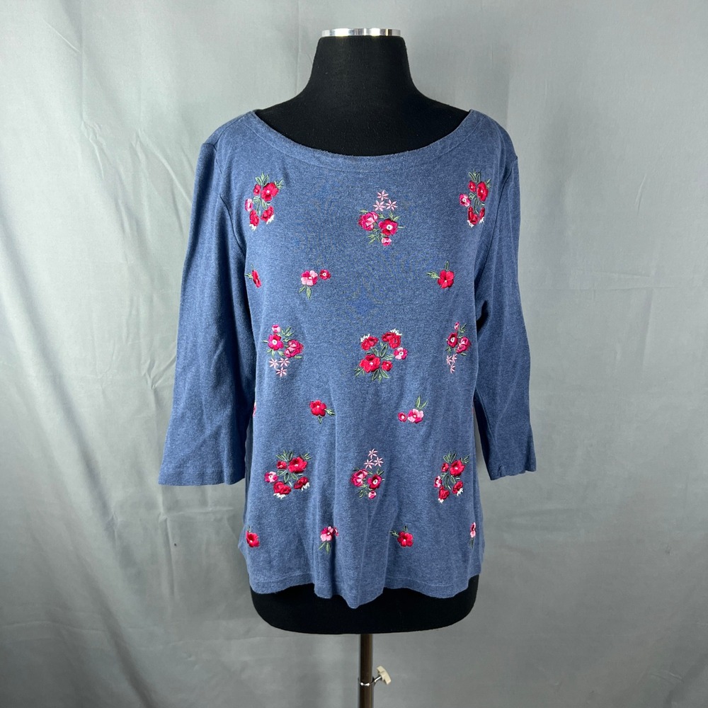 Karen Scott Top Womens Extra Large Blue Floral Embroidered Cotton Boat Neck